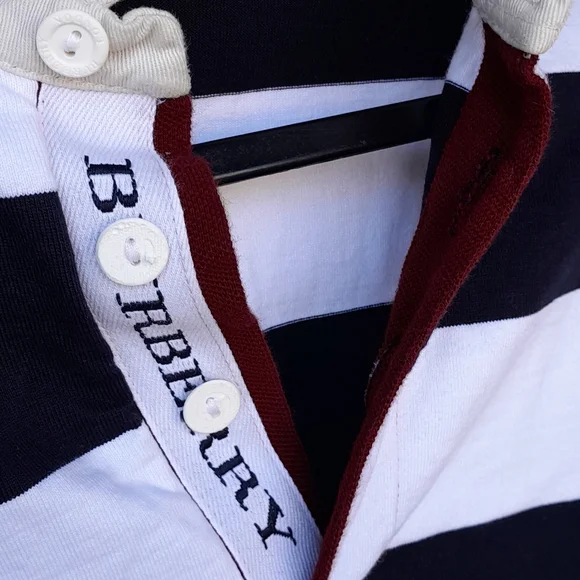 Burberry London Navy Blue Striped Rugby Long Sleeve Polo Embroidered! - Picture 4 of 7
